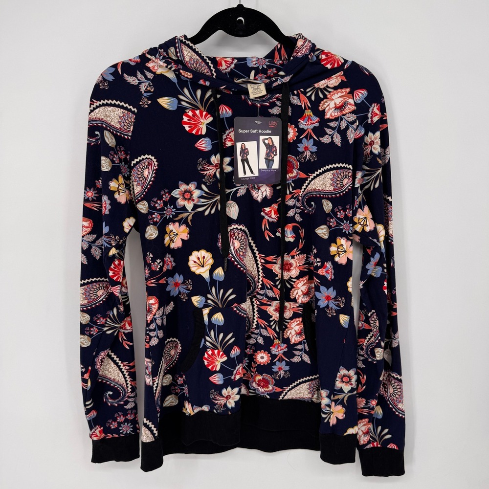 Lildy Supersoft Hoodie S-M Navy Floral Paisley NEW Pullover Kangaroo Pocket